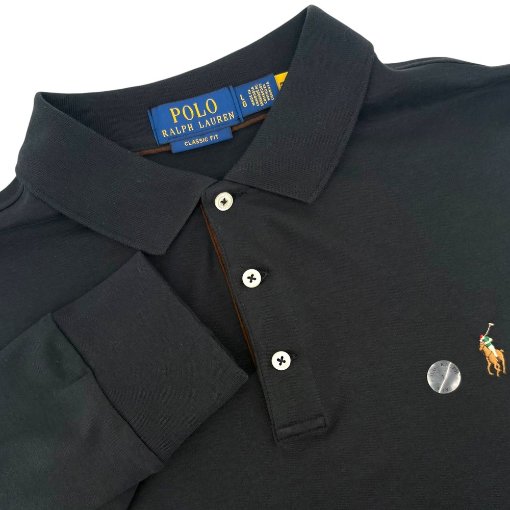 Polo Ralph Lauren Mens Black Long Sleeve Polo Shirt Classic Fit Large L Cotton